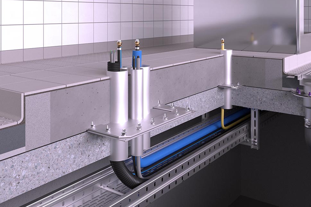 A detailed 3D architectural cross-section of a floor, showing an industrial utility penetration system. Multiple pipes and cables, including a large blue conduit and a black corrugated hose, pass through specialized silver metal sleeves embedded in the concrete floor slab. Below the floor, the utilities are organized within a metal cable tray system.